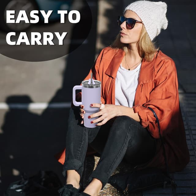 Thumbnail 6 de WATERSY 20oz Thermobecher to Go mit doppelwandigem Edelstahl, Griff & Strohhalm – lila