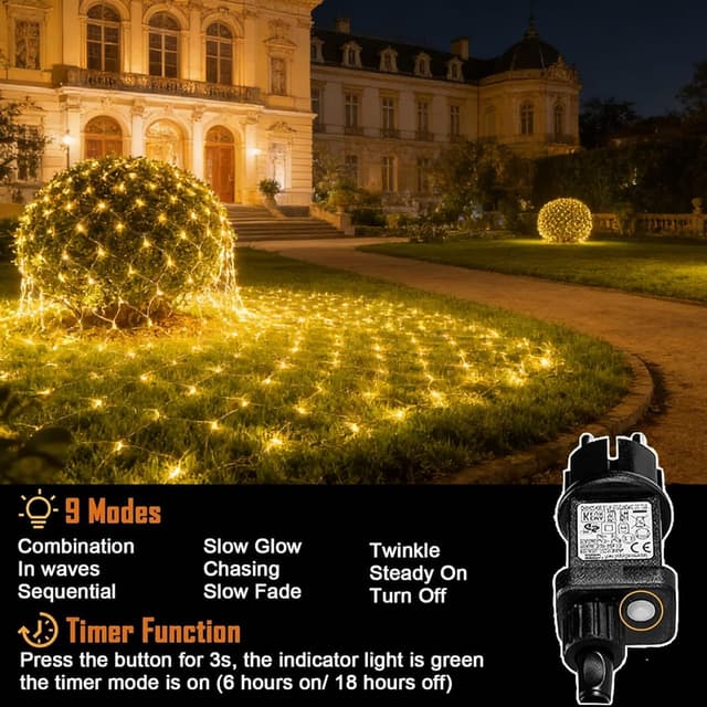 Detalle de yowin 2 pezzi rete luminosa da esterno 3m x 2m con 200 LED, IP65, 8 modalità e timer (con spina)