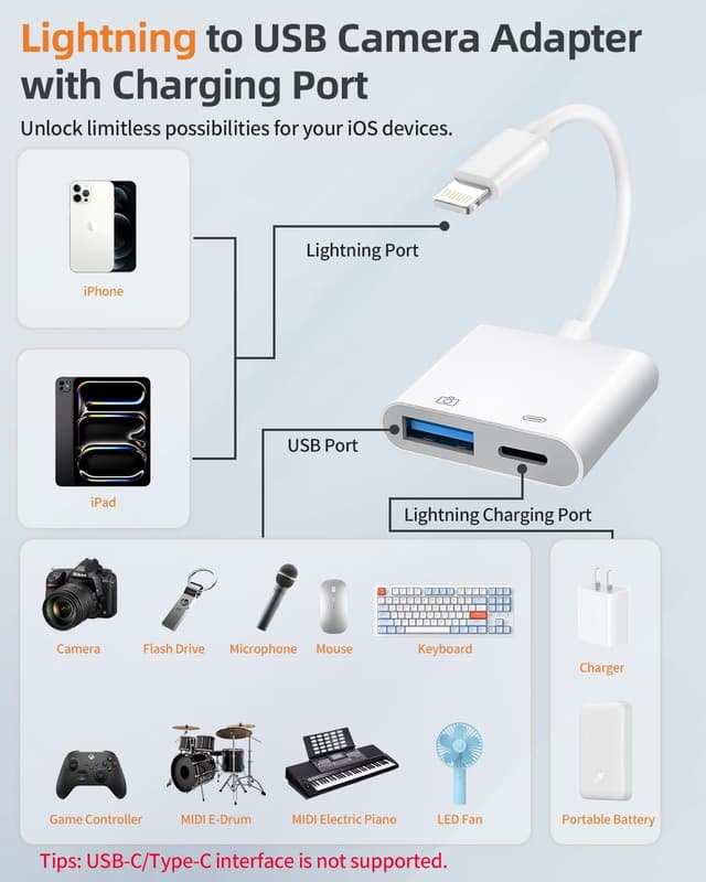 Thumbnail 1 de Lightning to USB Camera Adapter with Charging Port