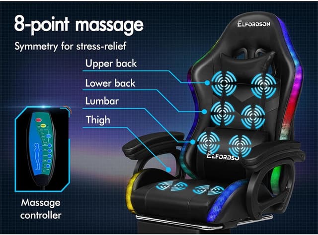 Detalle de ELFORDSON LED Gaming Chair with 8-Point Massage, PU Leather, Black