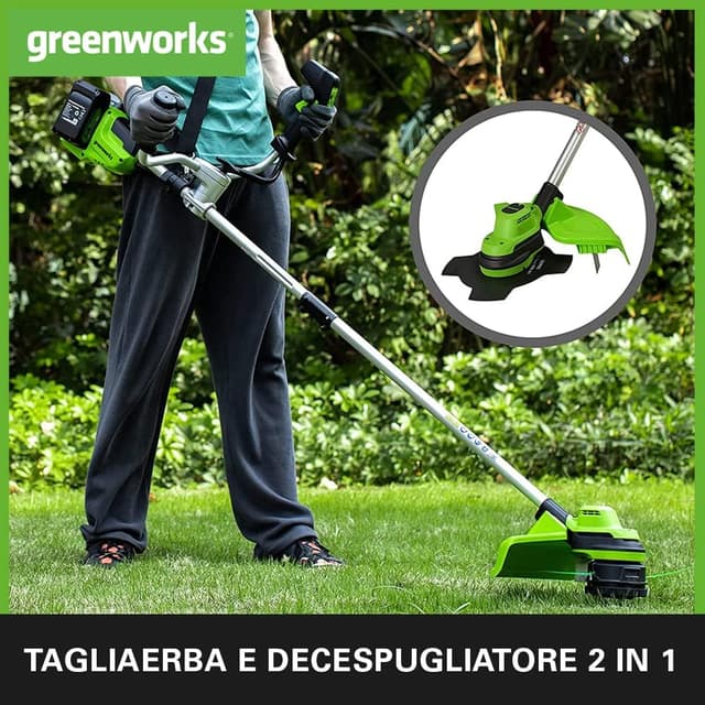 Detalle 2 de Greenworks GD24X2BCBK4x decespugliatore a batteria 48V (24V×2) brushless, con imbracatura e manubrio, taglio 38 cm, filo 2 mm