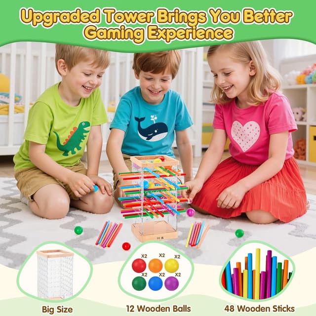 Detalle 2 de Montessori Wooden Board Game Tower Set with 48 Coloured Sticks and 12 Balls (Ages 3+)