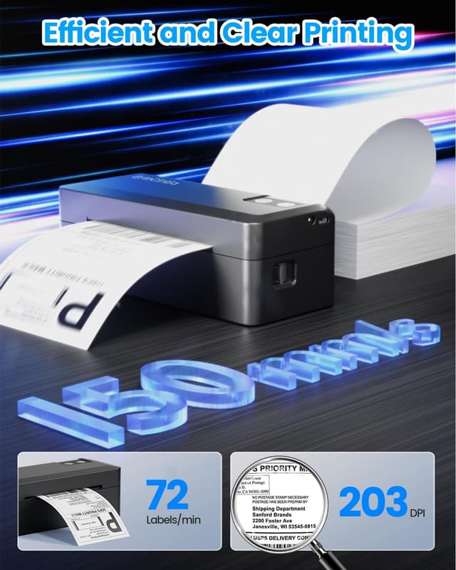 Detalle de ByteCintia Bluetooth & USB 4x6 Thermal Shipping Label Printer (203 dpi) for small business