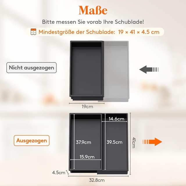 Detalle de Lifewit Besteckkasten für Schubladen – erweiterbar auf 32,8 cm, Organizer aus BPA-freiem PP in Schwarz