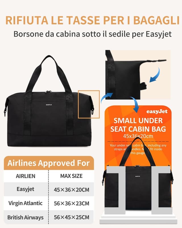 Detalle 2 de ECOHUB Easyjet bagaglio a mano 45x36x20 da 30L con tasca impermeabile rimovibile (borsone pieghevole)