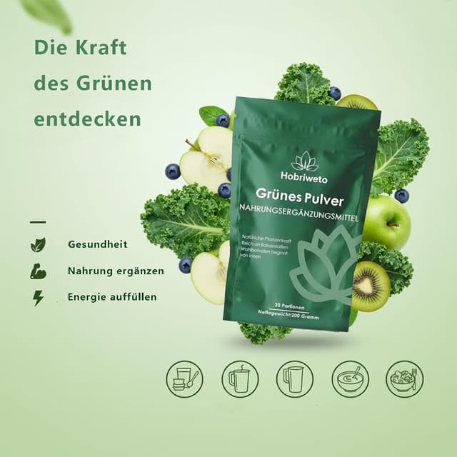 Thumbnail 6 de Grüne Entgiftungspulver (200 g) – Superfood Green Pulver mit Matcha, Gerstengras, Spirulina & Heidelbeere