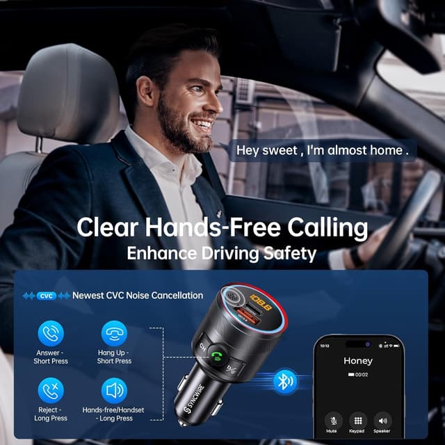 Detalle 1 de Syncwire Bluetooth 5.4 FM Transmitter for Car (38W PD & QC 3.0) with Hands-Free Calling