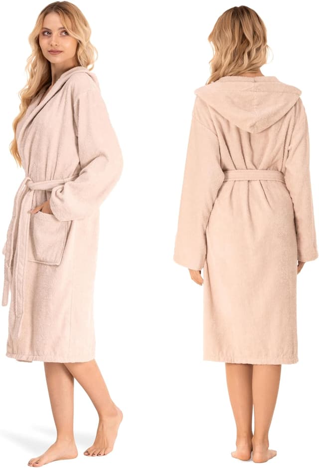 Detalle 2 de Twinzen Bademantel Damen aus 100% Baumwolle (OEKO-TEX®), mit Kapuze, 2 Taschen und Gürtel