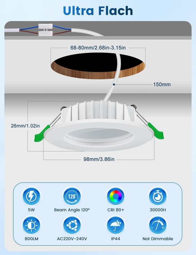 Detalle de QOJUX LED-Einbaustrahler 230V, 5W (800 lm) 3000K, IP44, 6er-Set – nicht dimmbar, ultraflach
