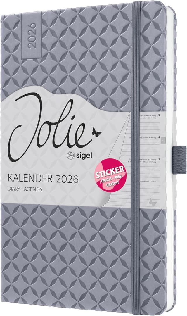 Detalle 2 de SIGEL Jolie Wochenkalender 2026 J6121 (A5) hellgrau – Hardcover mit Gummiband, Stiftschlaufe und Einstecktasche