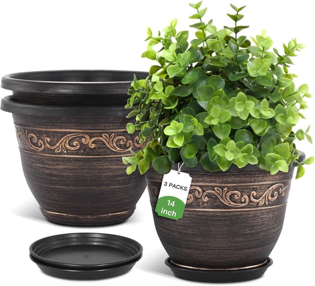 Thumbnail 6 de Pottiffe 25cm Plastic Plant Flower Planters (3-pack) with Drainage Hole & Saucer