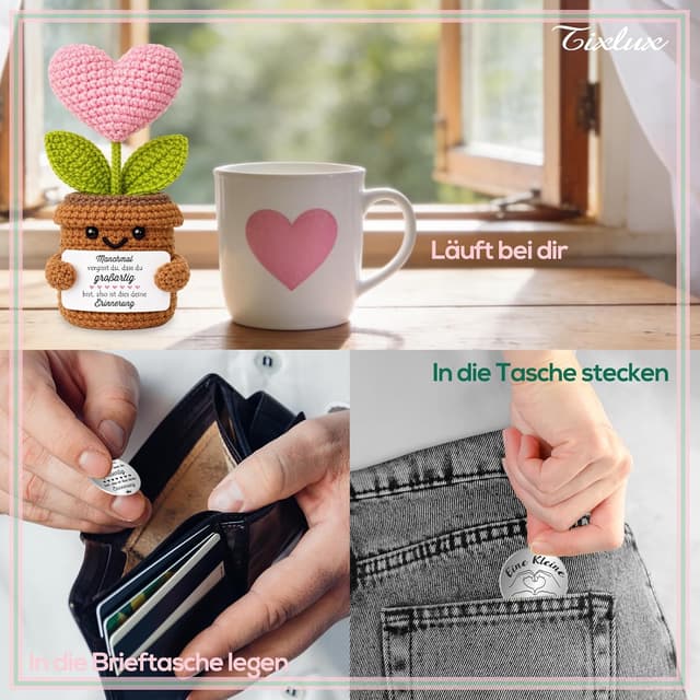 Detalle de Tixlux Pocket Hug Positive Herzpflanzen-Figur – handgenähte Strickwolle Herzpflanze mit Mini-Glücksbringer