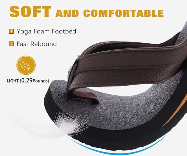 Detalle de KuaiLu men’s leather arch support flip flops with cushioned yoga foam and non-slip sole