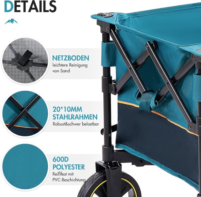 Detalle de Portal Bollerwagen faltbar XXL – bis 120 kg Traglast, große Ladefläche, klappbar mit Getränkehalter