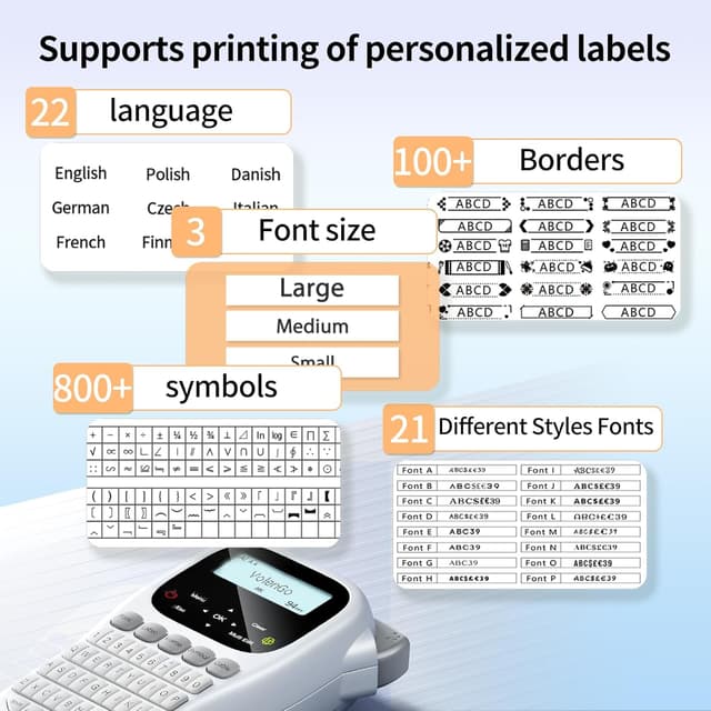 Detalle de VolenGo H1100 Label Maker with 12mm Laminated Tape, Backlit LCD and Cable QWERTY Keyboard (White)