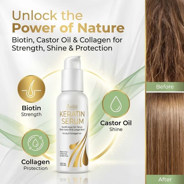 Detalle de VITAMINS hair cosmetics Keratin Hair Serum Oil (4.25 fl oz) for Frizzy, Dry, Damaged Hair