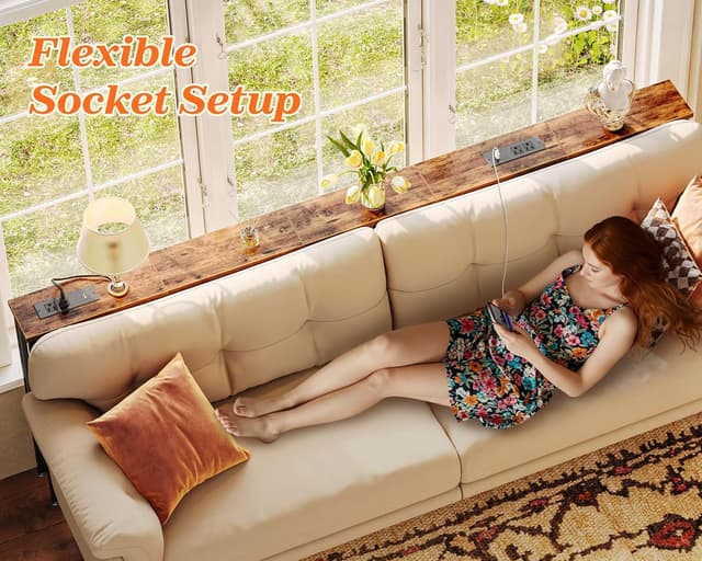 Thumbnail 6 de SUPERJARE 79 Inch Sofa Table with 2 Power Outlets, USB-C Ports & Narrow Storage Console (Rustic Brown)