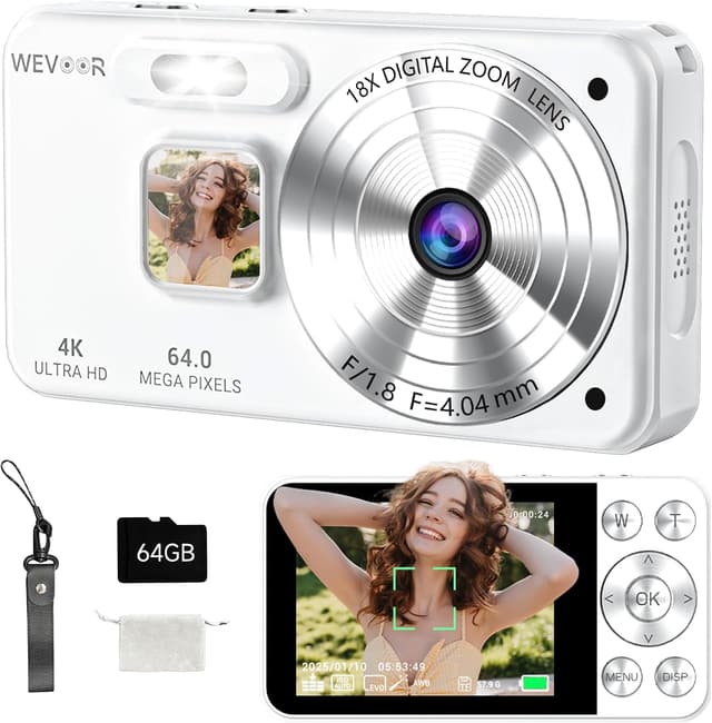 Detalle de Wevoor Macchina Fotografica Digitale 4K 64MP con schermo 2,8”, zoom digitale 18x e memoria da 64GB, bianco