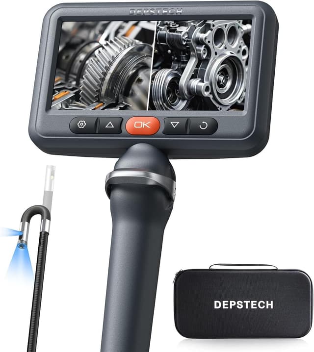 Detalle de DEPSTECH DS660 Dual-Linsen Endoskopkamera mit Licht, 1080P und drehbarem Kopf – 5 Zoll IPS Bildschirm