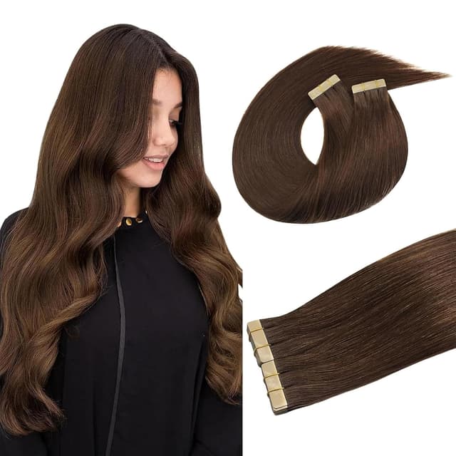 Detalle de DOORES 14-Inch Tape-In Hair Extensions (Real Remy Human Hair), Chocolate Brown, 100g/40pcs