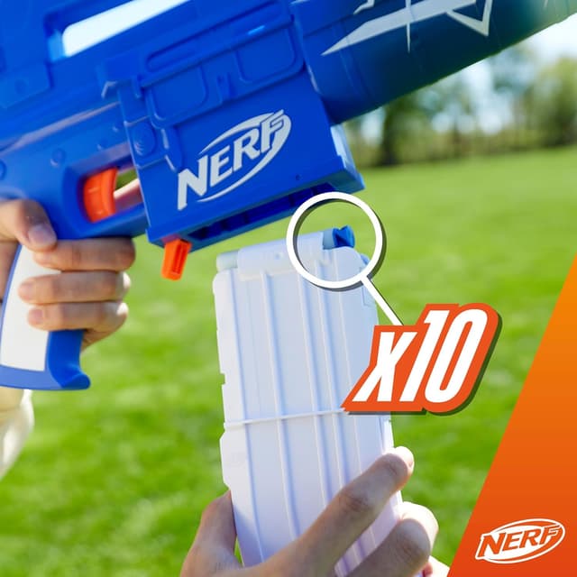 Detalle de Nerf Fortnite Blue Shock Blaster (Motorized) with 10-Dart Clip and 10 Elite Darts