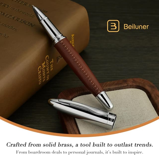 Detalle 2 de BEILUNER 318 Luxury Leather Rollerball Pen with Hand-Stitched Brown Leather and Schmidt Refill