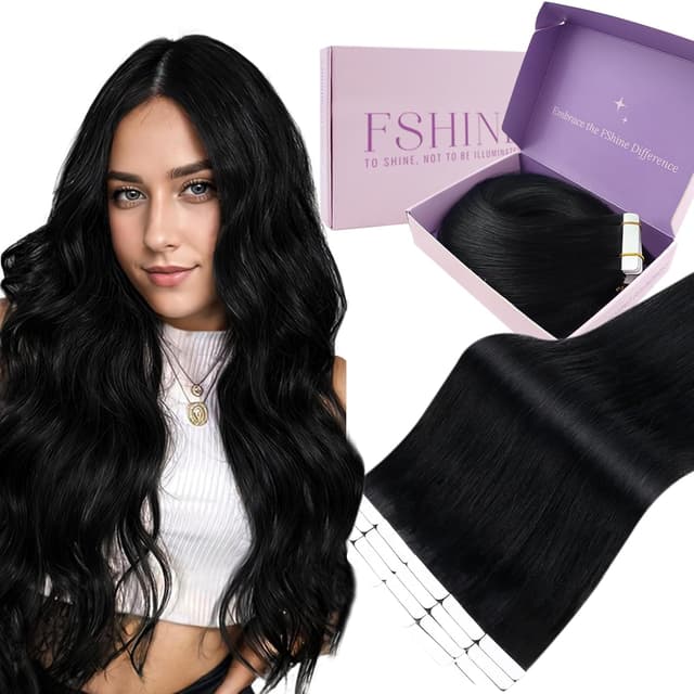 Detalle de Fshine Tape-in Extensions Echthaar Tiefschwarz (30 g, 20 Stück) – Remy-Haar mit doppelseitigem Klebeband