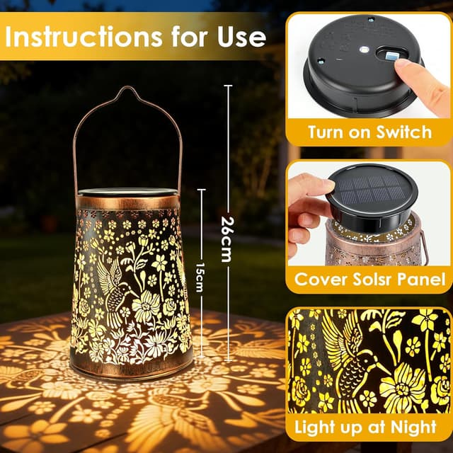 Detalle de Solar Lanterns for Outside – Vintage Hummingbird 2 Pack (IP65, warm shadows) for patio and garden décor
