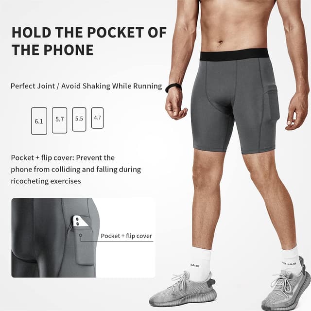 Detalle de Niksa 1 or 3 Pack Men’s Compression Shorts with Cell Phone Pockets (Base Layer)