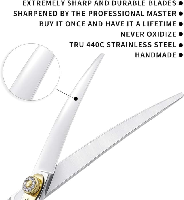 Detalle de Dream Reach Professionelle Fellschere (gebogene 7-Zoll-Schere, 440C Edelstahl) für Hund & Katze