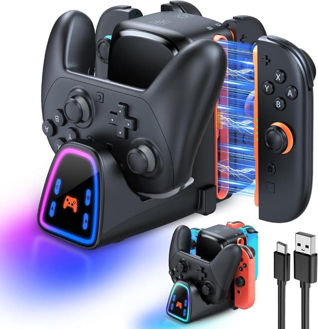 Detalle de 9-in-1 Controller-Ladestation für Nintendo Switch 2/1 & Pro Controller 2/1 (mit RGB) – Station für Joy-Con 1/2
