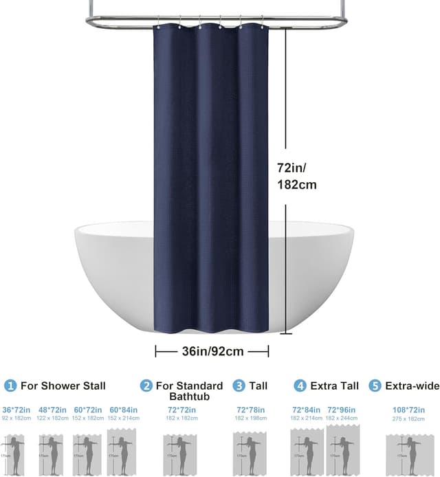 Detalle de Rideau de douche VANZAVANZU motif gaufre bleu marine 92x182 cm avec anneaux métalliques