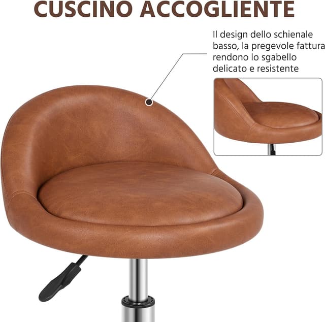 Detalle 2 de Yaheetech sgabello estetista con ruote regolabile in altezza, girevole 360° e schienale in ecopelle