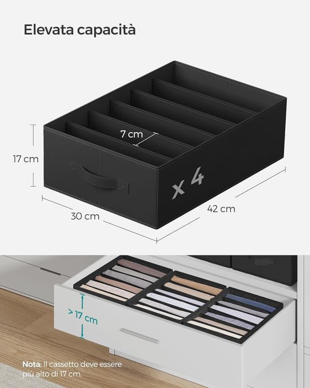 Detalle de SONGMICS Set di 4 organizzatori per armadio a 6 scomparti RUS009B04 (42 x 30 x 17 cm), scatole pieghevoli per biancheria – nero inchiostro