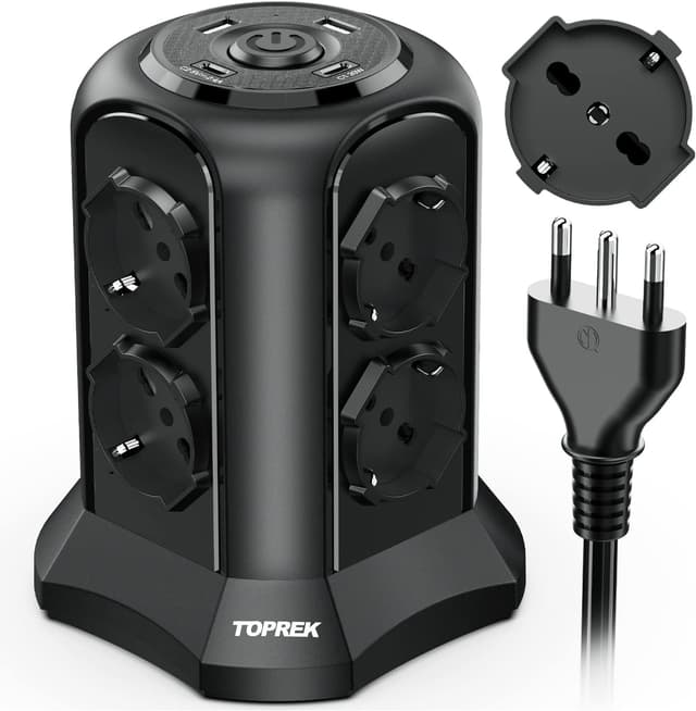 Detalle de TOPREK Multipresa Verticale con 8 prese universali ITA/Schuko e 4 USB (2 USB-C e 2 USB-A) 4000W/16A, nera