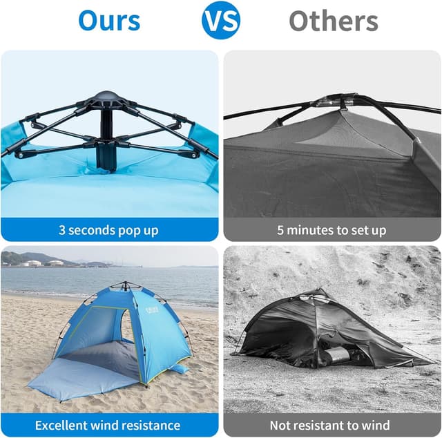Detalle 2 de Cflity Pop Up Beach Tent (1–3 Person) – Automatic Instant UV 50+ Sun Shelter with Double Door