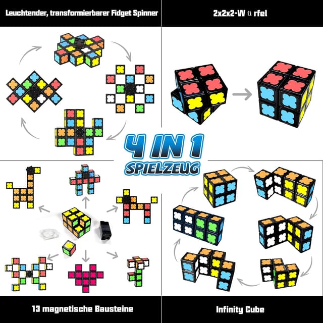 Detalle de Magnetische Fidget Toys für Kinder, Teenager und Erwachsene – Leuchtender Fidget Spinner mit 12 Magnetmodulen