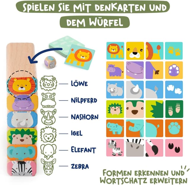 Detalle de Nene Toys 4-in-1 Holz-Wackelturm aus Buchenholz (Familienspiel & Lernspiel) – Safari-Tierspiel für Kinder 3–9