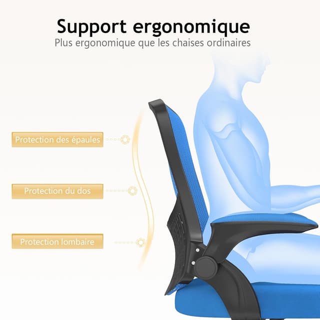 Detalle 2 de naspaluro Chaise de bureau ergonomique pivotante 360° avec accoudoirs rabattables et soutien lombaire, bleu noir