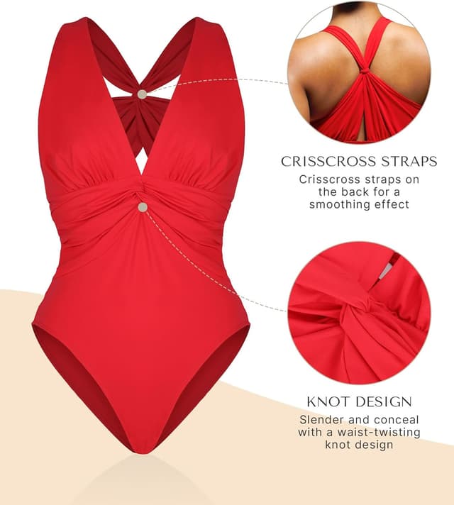 Detalle de SHAPELLX Women’s One-Piece Swimsuit with Tummy Control & Ruched V-Neck