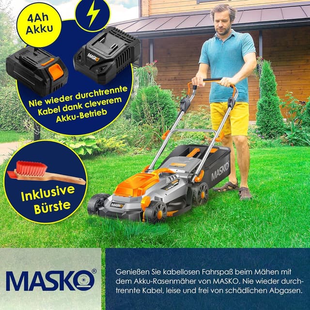 Detalle 2 de MASKO® Akku-Rasenmäher mit Mulchfunktion (36V) inkl. 4 Ah Akku, Ladegerät und 33 cm Rasentrimmer