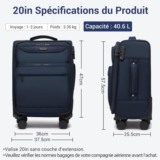 Detalle 2 de British Traveller Valise cabine souple 57,5×37,5×25,5 cm – 40,6 L, 4 roues 360° TSA, marine