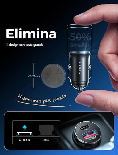 Detalle de LISEN cargador de coche para mechero 12/24V con USB-C 36W (PD 3.0) y USB-A QC 3.0, cuerpo metálico y carga rápida