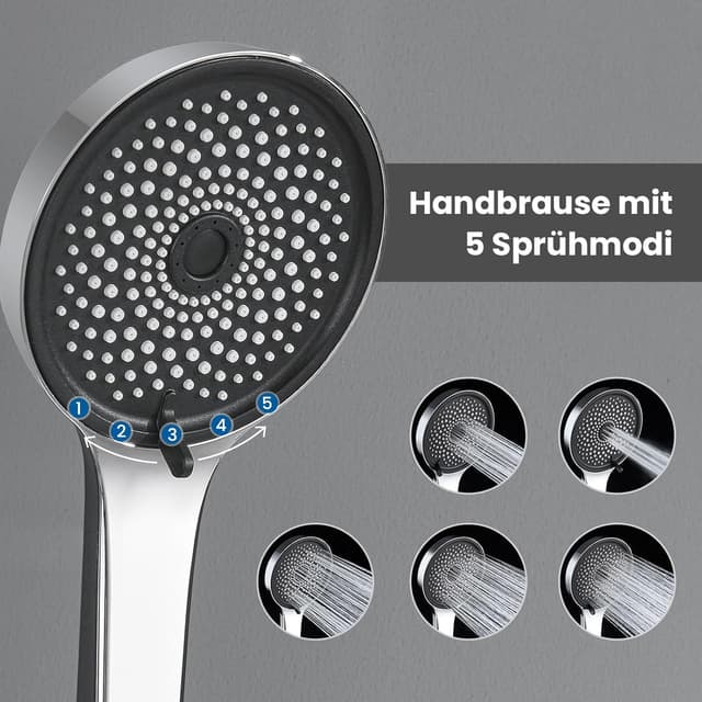 Detalle 2 de Duschstange Komplettset (70 cm) mit 5-fach Handbrause, Edelstahl-Schlauch & Ablage – ohne Duscharmatur, ohne Bohren