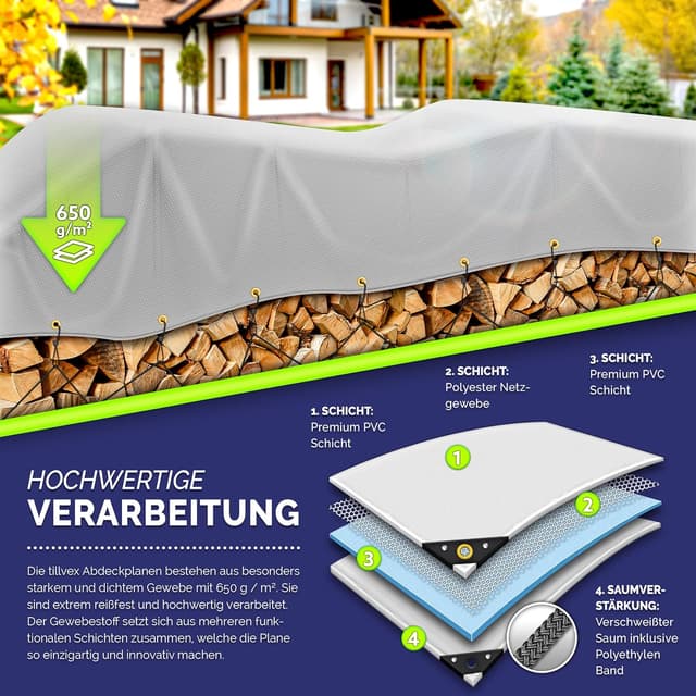 Detalle de tillvex® Abdeckplane mit Ösen + 10x Spanngummi & 15 m Abspannseil, Grau (4x8 m) – wasserdicht & reißfest