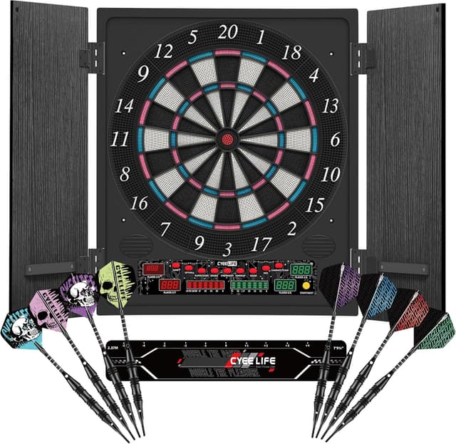 Detalle de CyeeLife Elektronische Dartscheibe mit Holzschrank, LED-Display, 34 Spielen & 355 Varianten (Deutsche Stimme)