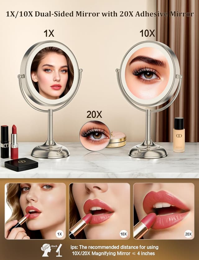 Detalle 2 de VESAUR 2026 Upgraded Lighted Makeup Mirror (9") with 1X/10X/20X Magnification, 3 Light Modes