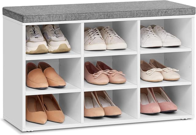 Detalle de VASAGLE LHS009W14 panca scarpiera con seduta imbottita e 9 scomparti, bianco e grigio