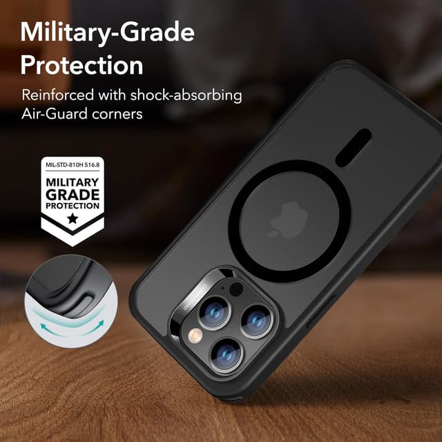 Detalle de ESR Classic Hybrid MagSafe Hülle für iPhone 14 Pro Max – mattschwarz, mit militärischem Sturzschutz