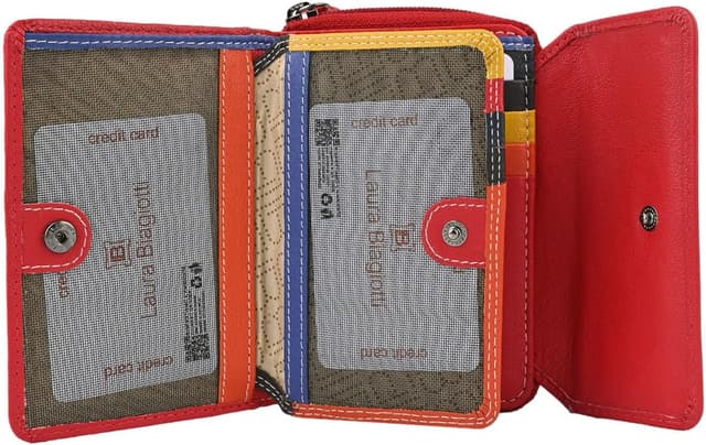 Detalle de Portefeuille femme Laura Biagiotti en cuir véritable, intérieur multicolore et porte-monnaie zippé